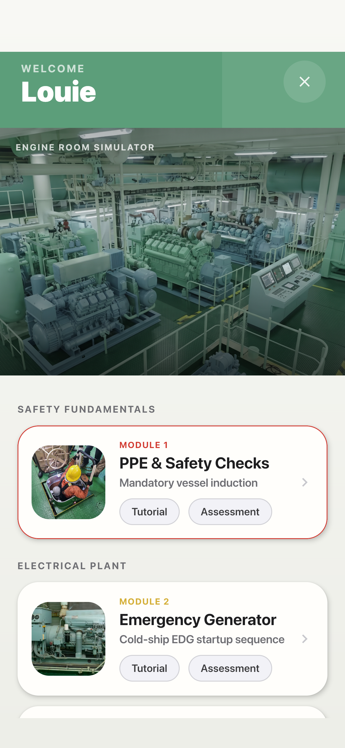 Training Modules dashboard with PPE and engine room entry