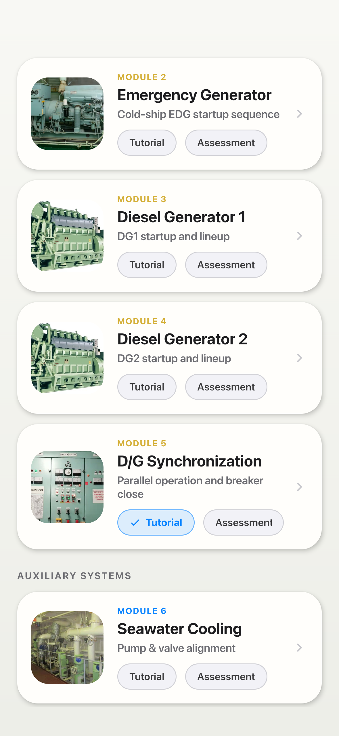 Guided training modules from electrical plant to auxiliary systems