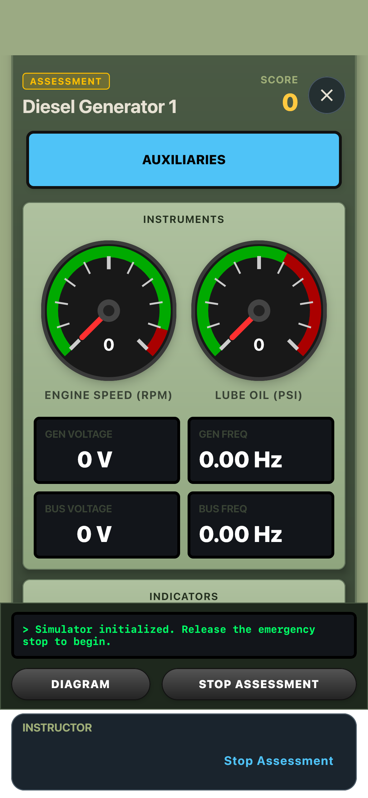Diesel Generator 1 assessment with instruments and scoring